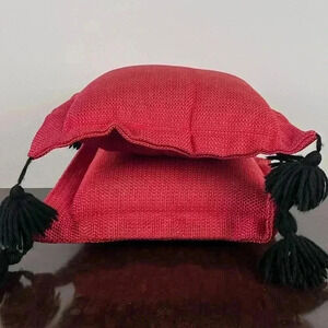 VTG Burlap Throw Pillows (2) Tassels Handmade Red And Pink Grannycore Maximalist